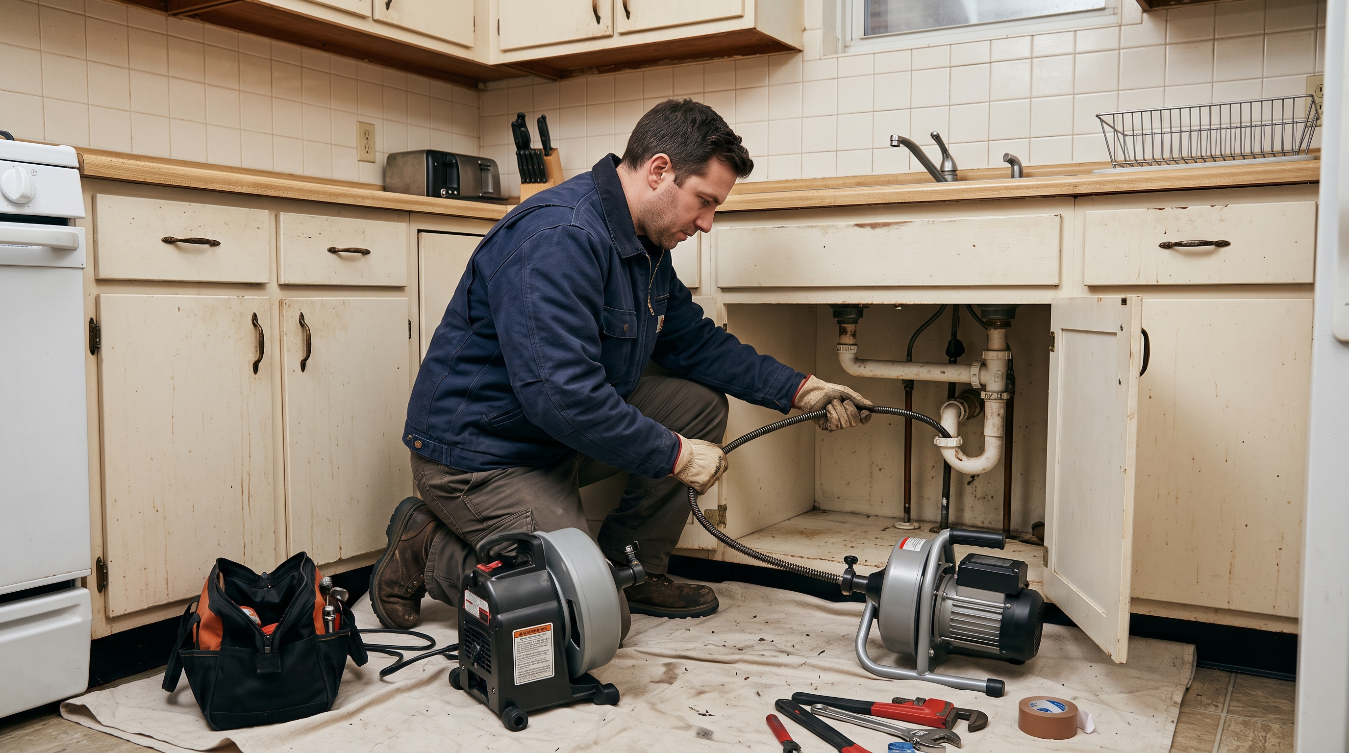 Plumber clearing a clogged kitchen sink drain using professional motorized snake equipment.